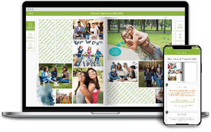 Yearbook editing software on a laptop and phone.
